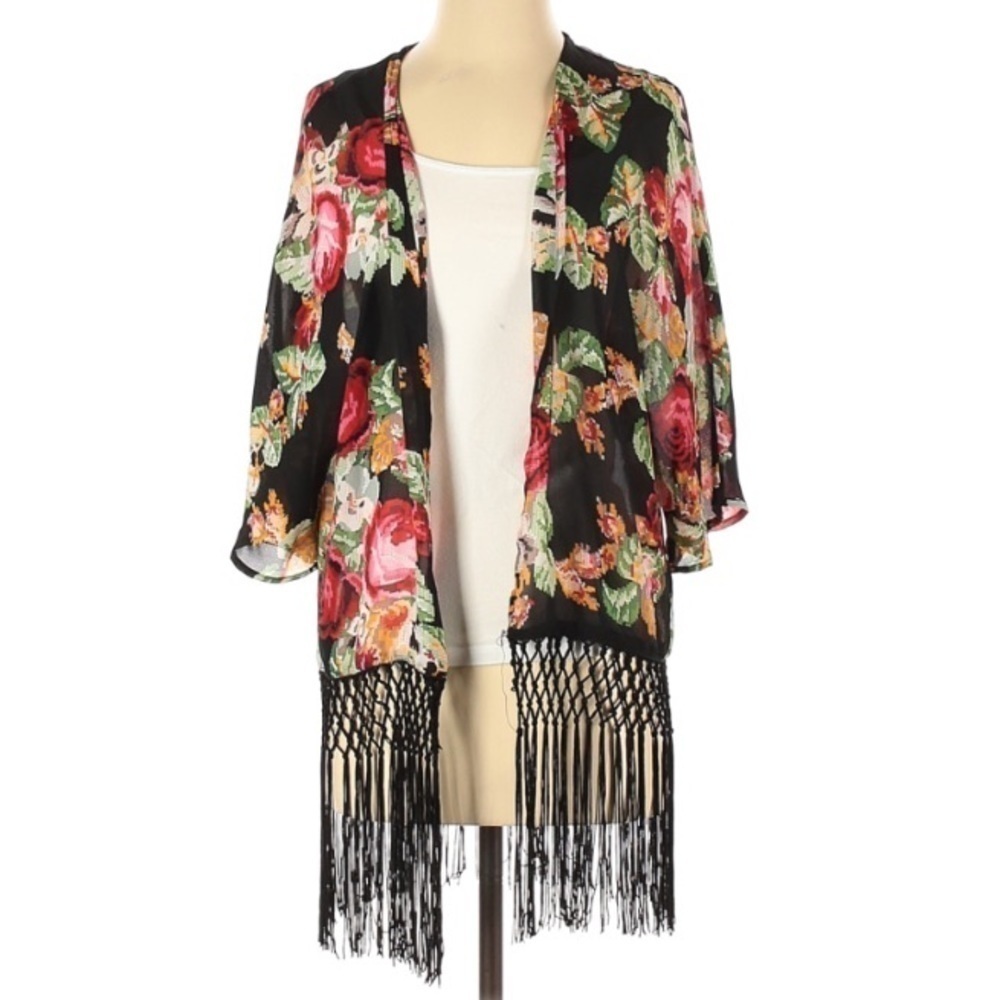 Quinn Digital Rose fringe hem open kimono cardigan small